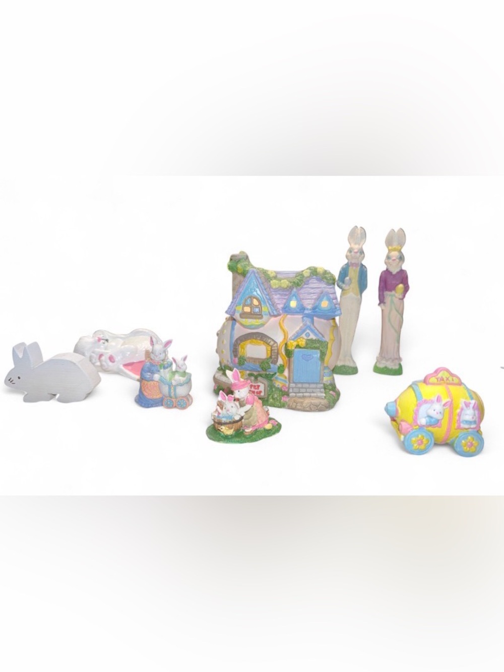 Vintage 90s Porcelain Easter Village 8-Piece Set Lighted Egg House Bunny Figures